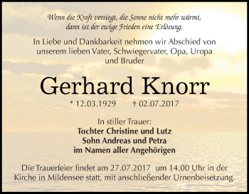 Traueranzeige von Gerhard Knorr von WVG - Wochenspiegel Dessau / Köthen