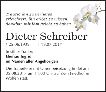 Traueranzeige von Dieter Schreiber von Mitteldeutsche Zeitung Bitterfeld