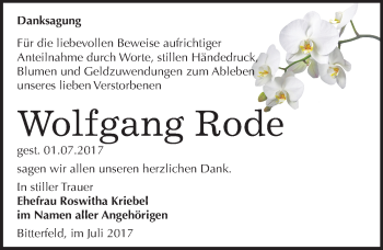 Traueranzeige von Wolfgang Rode von Mitteldeutsche Zeitung Bitterfeld
