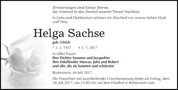 Traueranzeige von Helga Sachse von Super Sonntag SGH Mansf. Land