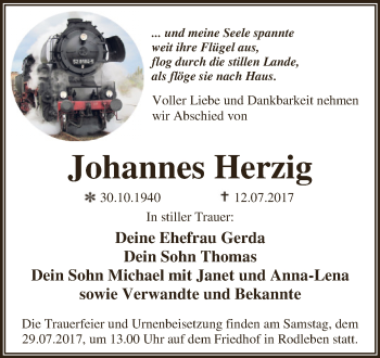 Traueranzeige von Johannes Herzig von WVG - Wochenspiegel Dessau / Köthen