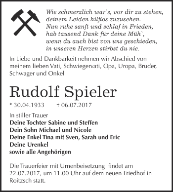 Traueranzeige von Rudolf Spieler von WVG - Wochenspiegel Bitterfeld