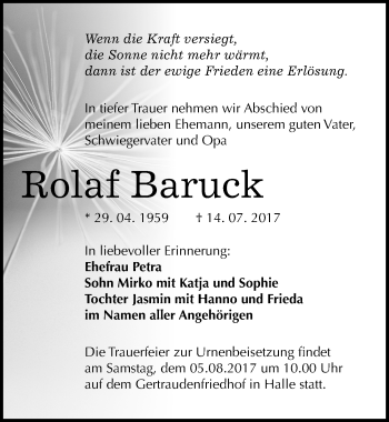 Traueranzeige von Rolaf Baruck von Mitteldeutsche Zeitung Halle/Saalkreis