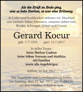 Traueranzeige von Gerard Kocur von WVG - Wochenspiegel Dessau / Köthen