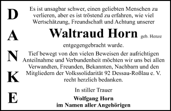 Traueranzeige von Waltraud Horn von Mitteldeutsche Zeitung Dessau-Roßlau