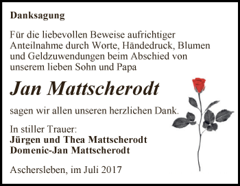 Traueranzeige von Jan Mattscherodt von Super Sonntag Aschersleben