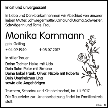 Traueranzeige von Monika Kornmann von Mitteldeutsche Zeitung Weißenfels