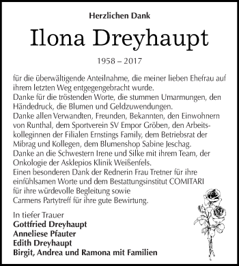 Traueranzeige von Ilona Dreyhaupt von WVG - Wochenspiegel NMB / WSF / ZTZ