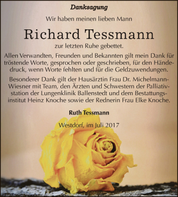 Traueranzeige von Richard Tessmann von Super Sonntag Aschersleben