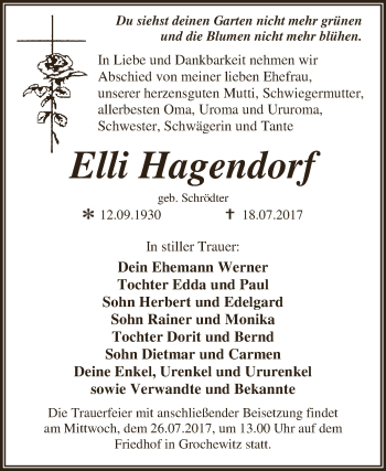 Traueranzeige von Elli Hagendorf von WVG - Wochenspiegel Dessau / Köthen