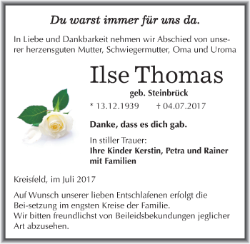 Traueranzeige von Ilse Thomas von Mitteldeutsche Zeitung Mansfelder Land