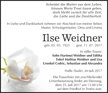 Traueranzeige von Ilse Weidner von Mitteldeutsche Zeitung Halle/Saalkreis