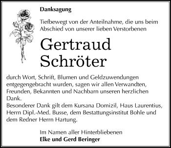 Traueranzeige von Gertraud Schröter von Mitteldeutsche Zeitung Merseburg/Querfurt