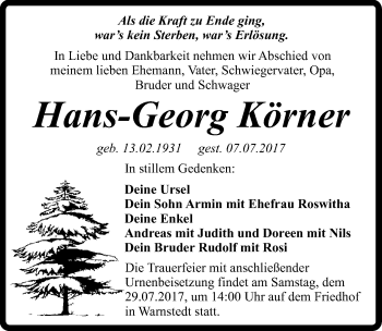 Traueranzeige von Hans-Georg Körner von Mitteldeutsche Zeitung Quedlinburg