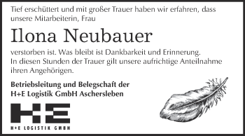 Traueranzeige von Ilona Neubauer von Super Sonntag Aschersleben