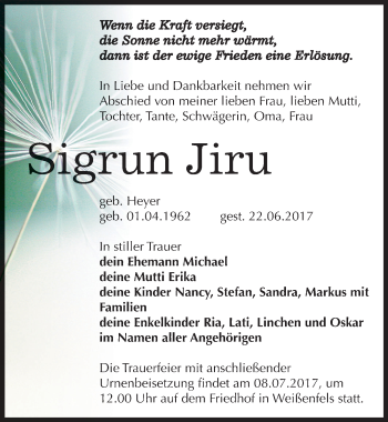 Traueranzeige von Sigrun Jiru von Mitteldeutsche Zeitung Weißenfels