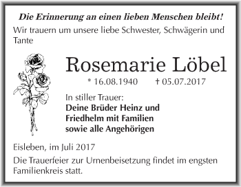 Traueranzeige von Rosemarie Löbel von Wochenspiegel Mansfelder Land