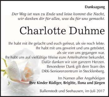 Traueranzeige von Charlotte Duhme von WVG - Wochenspiegel Quedlinburg