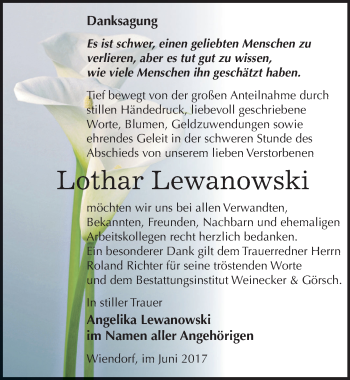 Traueranzeige von Lothar Lewanowski von Mitteldeutsche Zeitung Bernburg