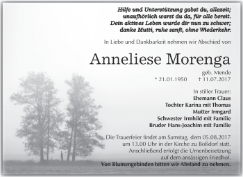 Traueranzeige von Anneliese Morenga von WVG - Wochenspiegel Wittenberg