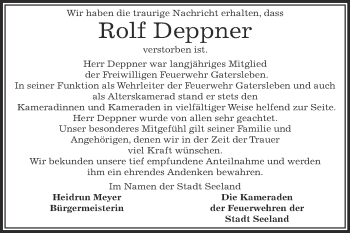 Traueranzeige von Rolf Deppner von Super Sonntag Aschersleben