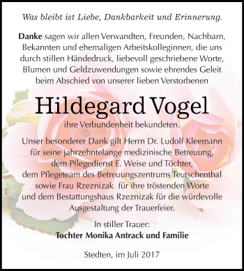 Traueranzeige von Hildegard Vogel von Wochenspiegel Mansfelder Land
