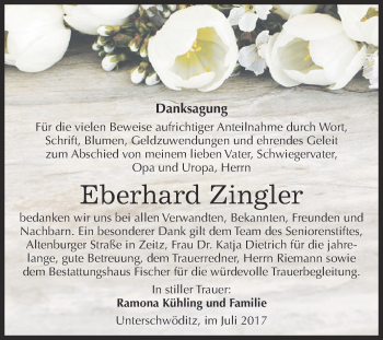 Traueranzeige von Eberhard Zingler von Super Sonntag Zeitz