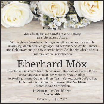 Traueranzeige von Eberhard Möx von WVG - Wochenspiegel Bitterfeld