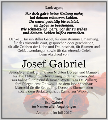 Traueranzeige von Josef Gabriel von Super Sonntag SGH Mansf. Land