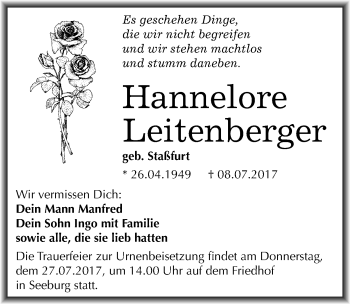 Traueranzeige von Hannelore Leitenberger von Mitteldeutsche Zeitung Mansfelder Land