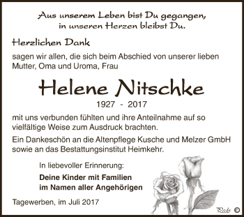Traueranzeige von Helene Nitsckke von WVG - Wochenspiegel NMB / WSF / ZTZ