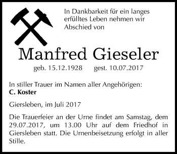 Traueranzeige von Manfred Gieseler von Mitteldeutsche Zeitung Aschersleben