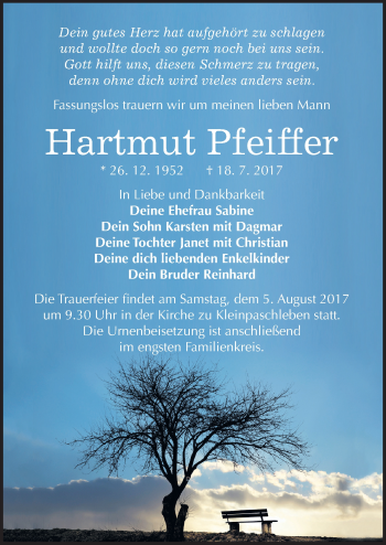 Traueranzeige von Hartmut Pfeiffer von Mitteldeutsche Zeitung Köthen