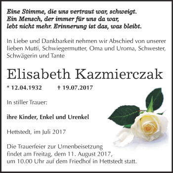 Traueranzeige von Elisabeth Kazmierczak von Wochenspiegel Mansfelder Land