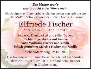 Traueranzeige von Elfriede Fischer von Mitteldeutsche Zeitung Merseburg/Querfurt