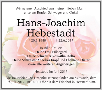 Traueranzeige von Hans-Joachim Hebestadt von Wochenspiegel Mansfelder Land