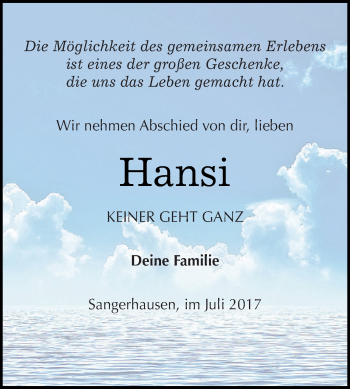Traueranzeige von Hansi  von Super Sonntag SGH Mansf. Land
