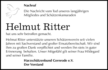 Traueranzeige von Helmut Ritter von Mitteldeutsche Zeitung Quedlinburg