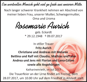Traueranzeige von Rosemarie Aurich von Super Sonntag SGH Mansf. Land