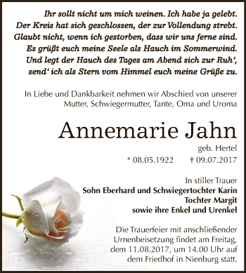 Traueranzeige von Annemarie Jahn von Super Sonntag Bernburg