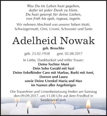 Traueranzeige von Adelheid Nowak von Mitteldeutsche Zeitung Bitterfeld