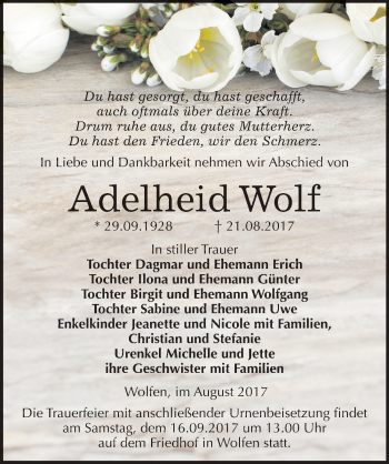 Traueranzeige von Adelheid Wolf von Mitteldeutsche Zeitung Bitterfeld