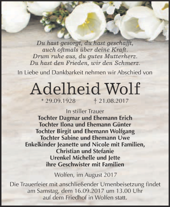Traueranzeige von Adelheid Wolf von WVG - Wochenspiegel Bitterfeld