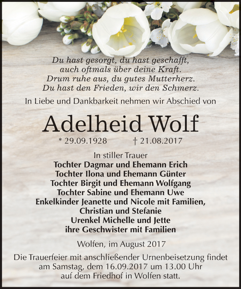 Traueranzeige für Adelheid Wolf vom 26.08.2017 aus Mitteldeutsche Zeitung Bitterfeld