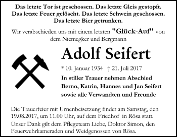 Traueranzeige von Adolf Seifert von WVG - Wochenspiegel Bitterfeld