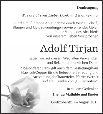 Traueranzeige von Adolf Tirjan von WVG - Wochenspiegel Bitterfeld