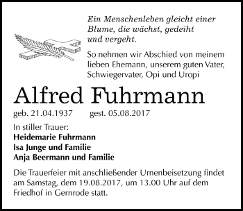 Traueranzeige von Alfred Fuhrmann von Mitteldeutsche Zeitung Quedlinburg