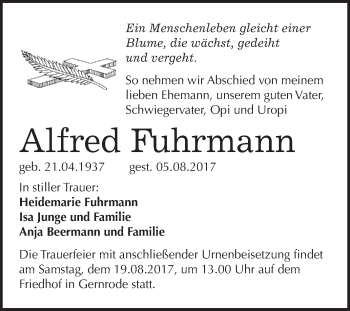 Traueranzeige von Alfred Fuhrmann von WVG - Wochenspiegel Quedlinburg
