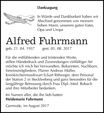 Traueranzeige von Alfred Fuhrmann von Mitteldeutsche Zeitung Quedlinburg
