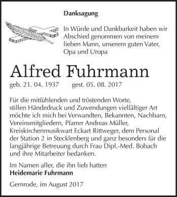 Traueranzeige von Alfred Fuhrmann von WVG - Wochenspiegel Quedlinburg